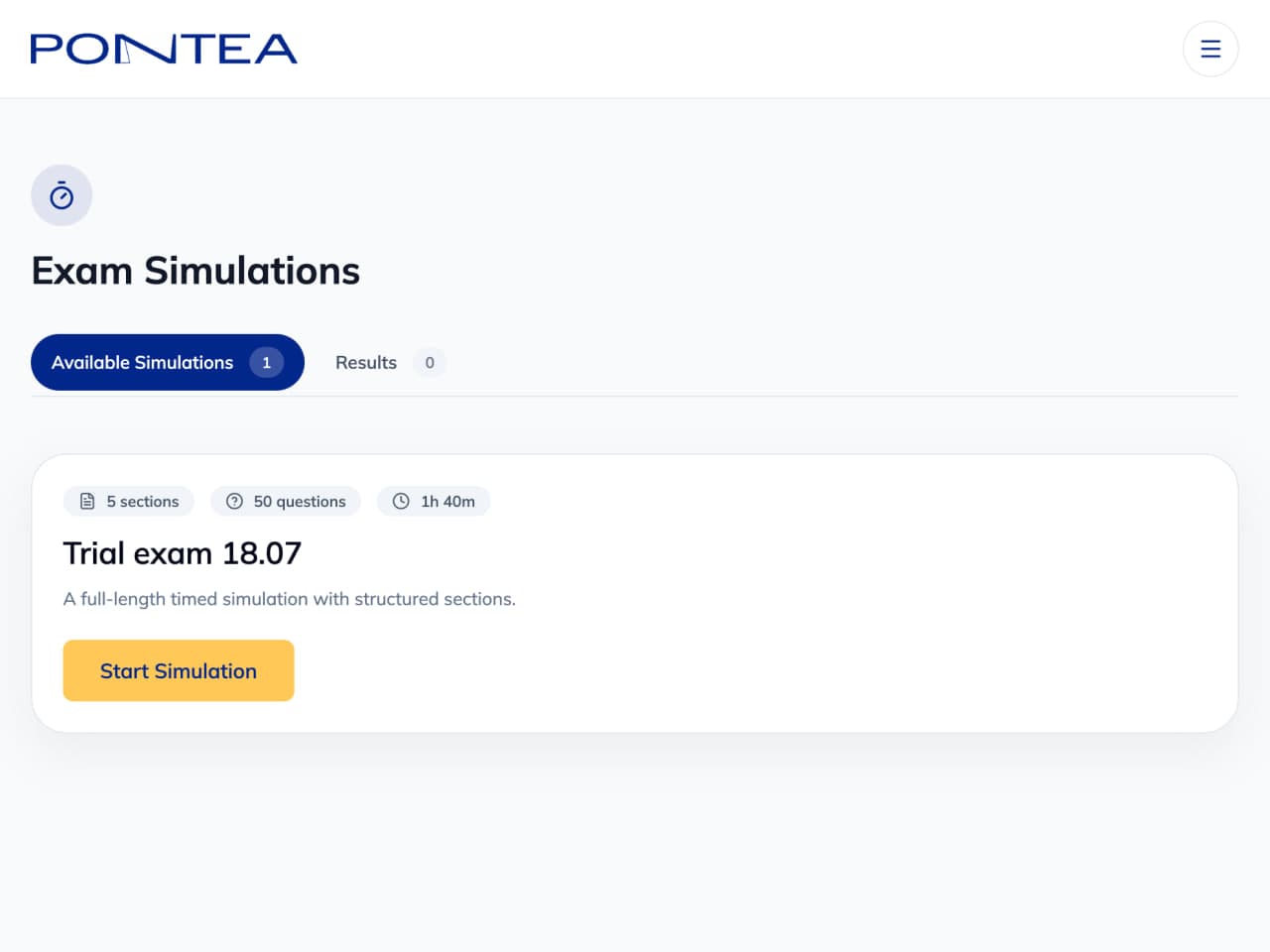 Pontea free mock exam dashboard showing an available 50-question, five-section simulation and the start button