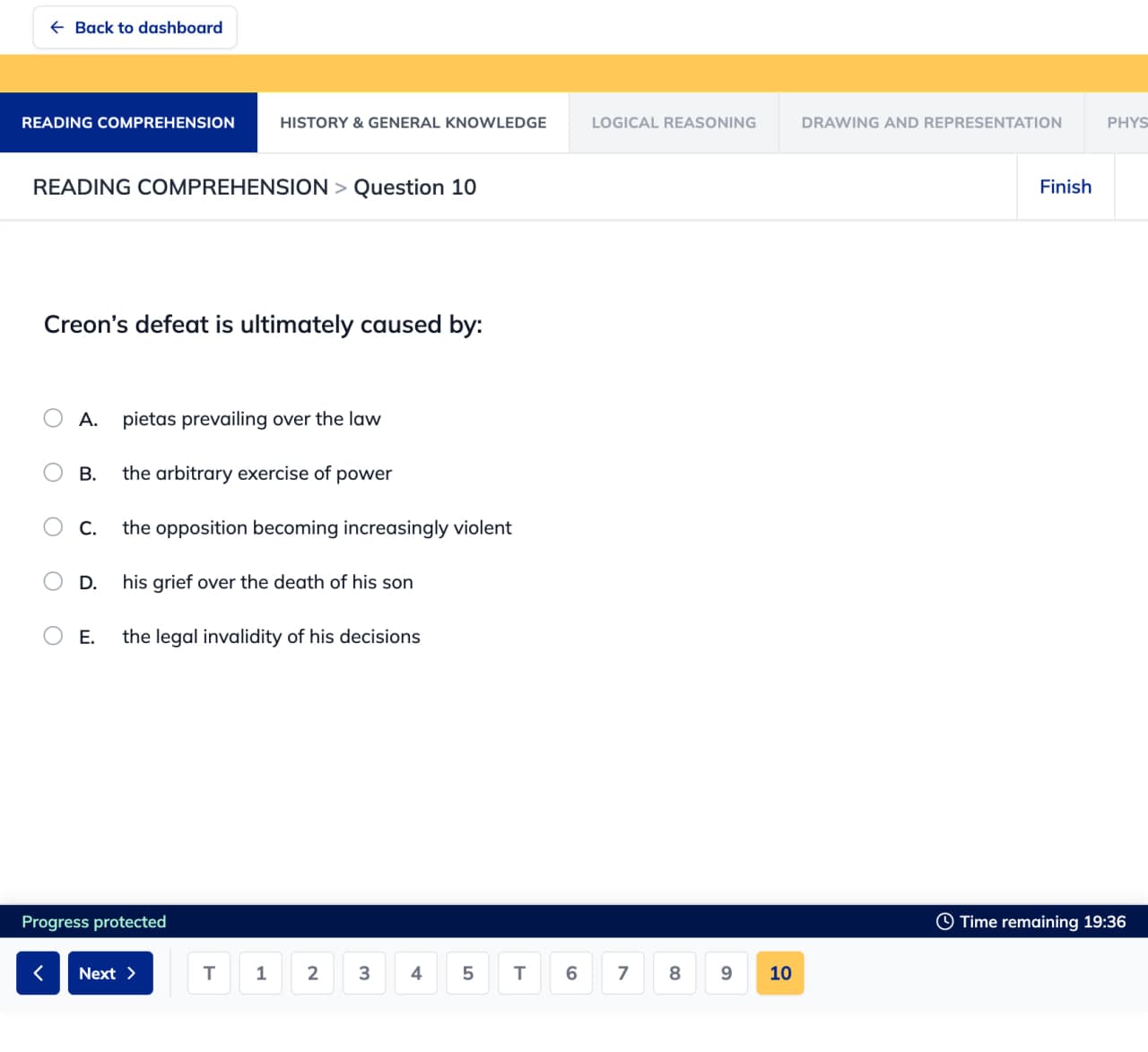 Pontea free ARCHED mock exam interface with five section tabs, a multiple-choice question, question navigation, and a countdown timer
